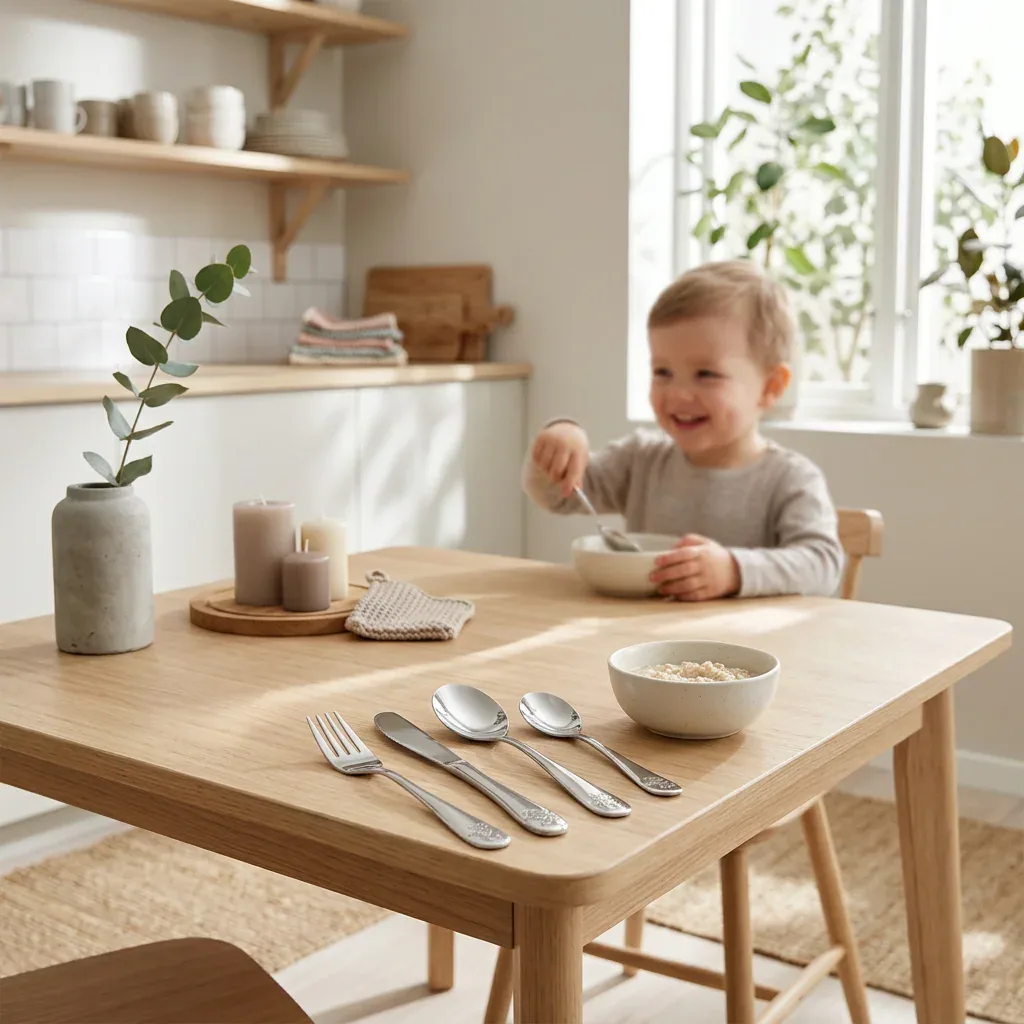 Børnebestik med Bamse og Kylling i brug af barn i et lyst skandinavisk køkken