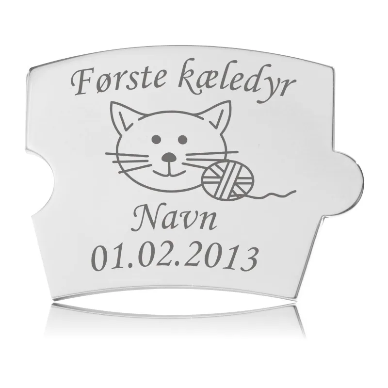 Memozz Spin brik i håndpoleret rustfrit stål med gravering af en kat og teksten "Første kæledyr"