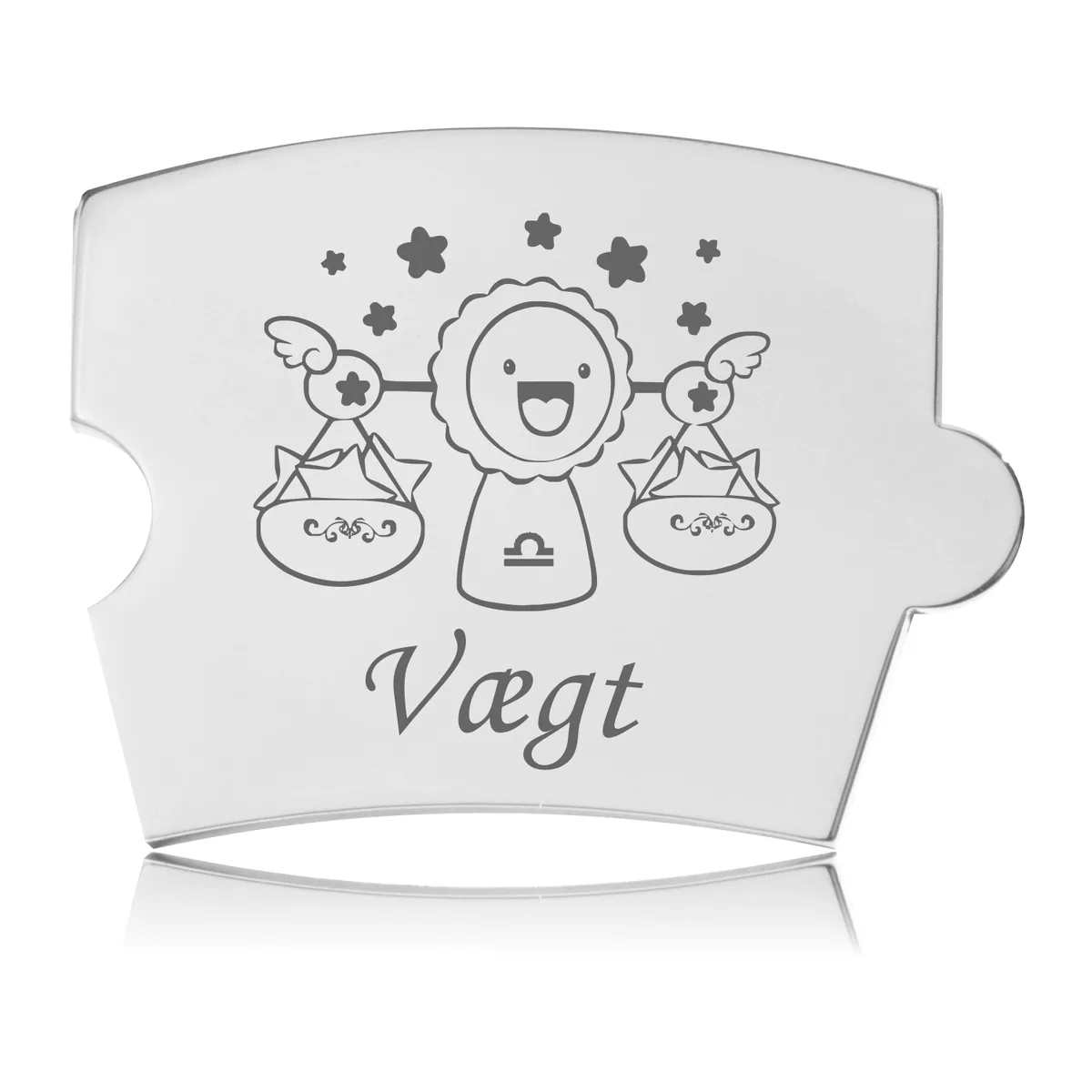 Memozz Spin brik med stjernetegn Vægten, graveret i håndpoleret rustfrit stål med et Vægt-motiv med stjerner og teksten "Vægt".