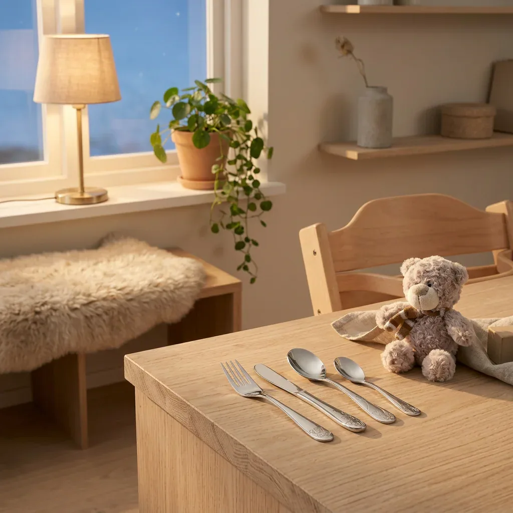 Barn i højstol med sølvfarvet børnebestik på bordet og en lille teddybamse i hånden