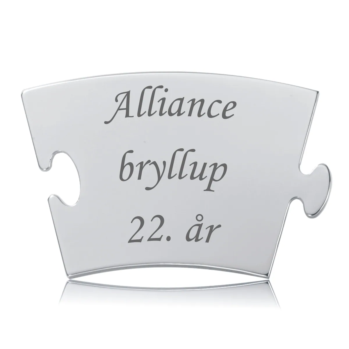 Memozz Classic Alliancebryllupsbrik i skinnende rustfrit stål med mørk graveringstekst "Alliancebryllup 22. år".