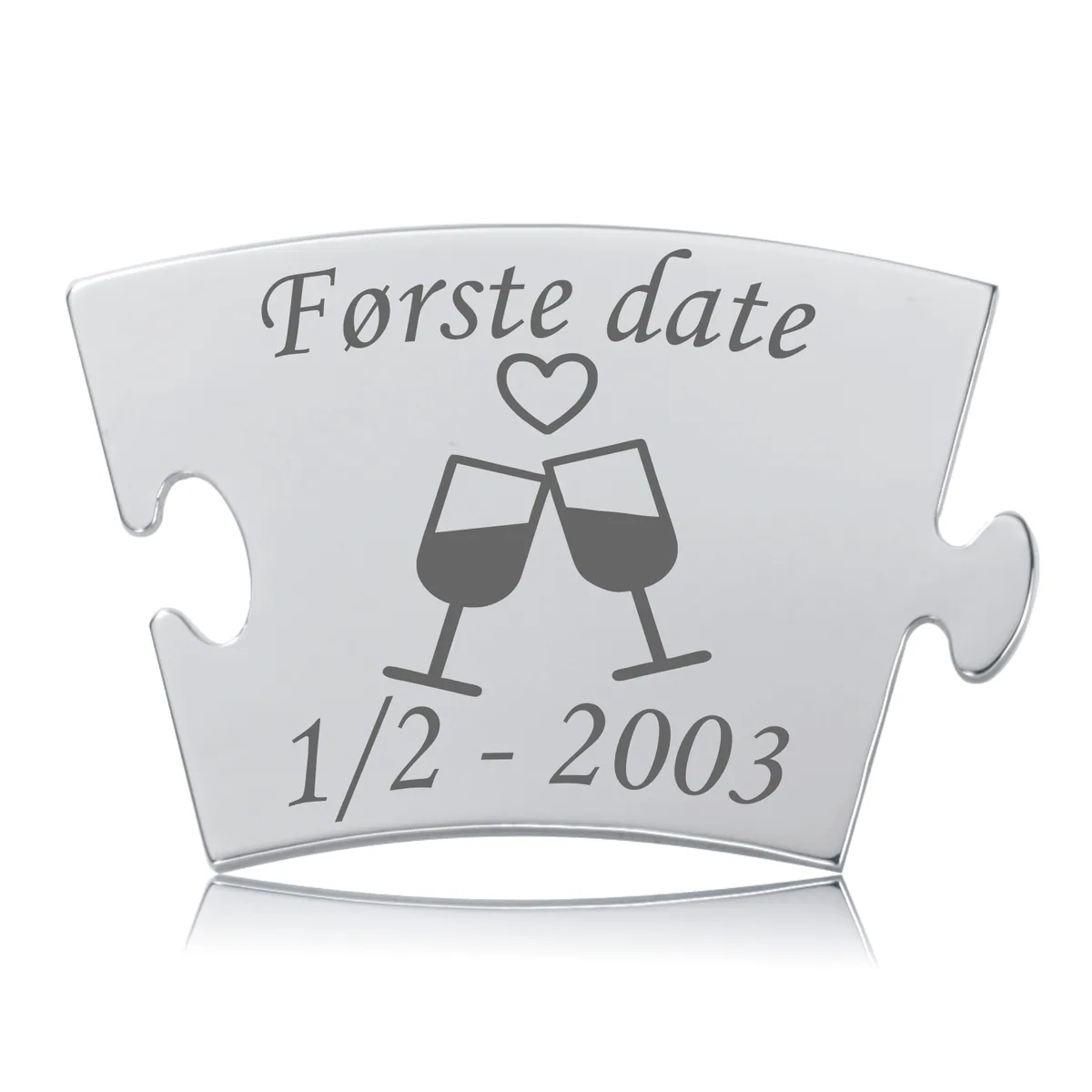 Memozz Classic brik "Første date" i rustfrit stål med gravering af to skålene glas og et hjerte