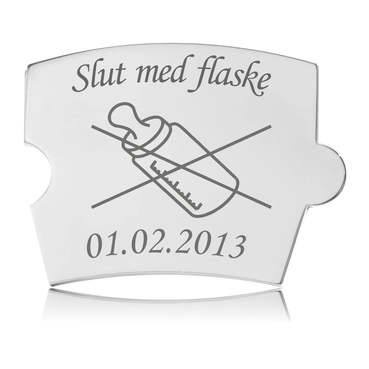 Memozz Spin mindebrik "Slut med flaske" i rustfrit stål med tydelig lasergravering af en overstreget sutteflaske