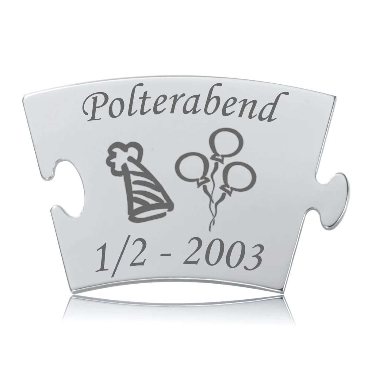 Memozz Classic brik "Polterabend" i poleret rustfrit stål med gravering af festhat og balloner