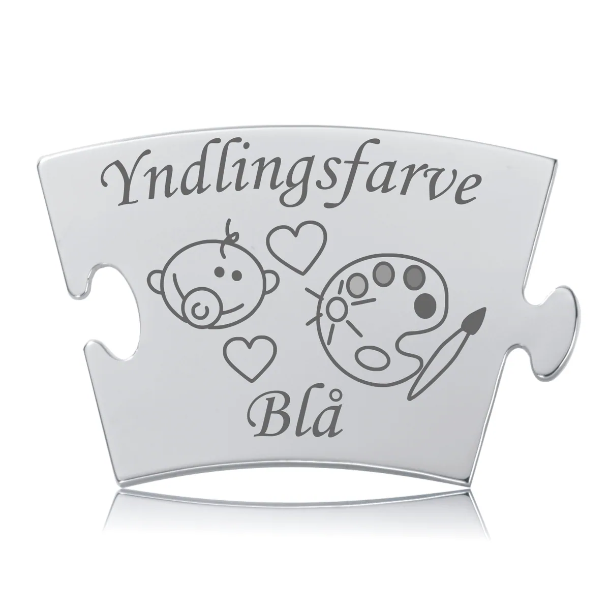 Blank yndlingsfarve brik i rustfrit stål til Memozz Classic mindetavle med gravering af teksten "Yndlingsfarve Blå", en baby, hjerter og en malerpalet.