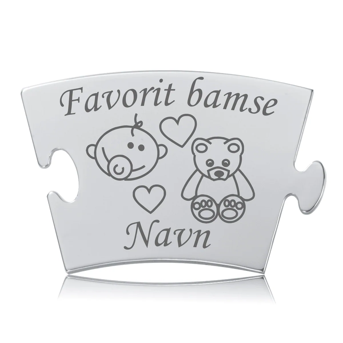 Memozz Classic brik med gravering af babyansigt, hjerte, bamse og teksten "Favorit bamse"