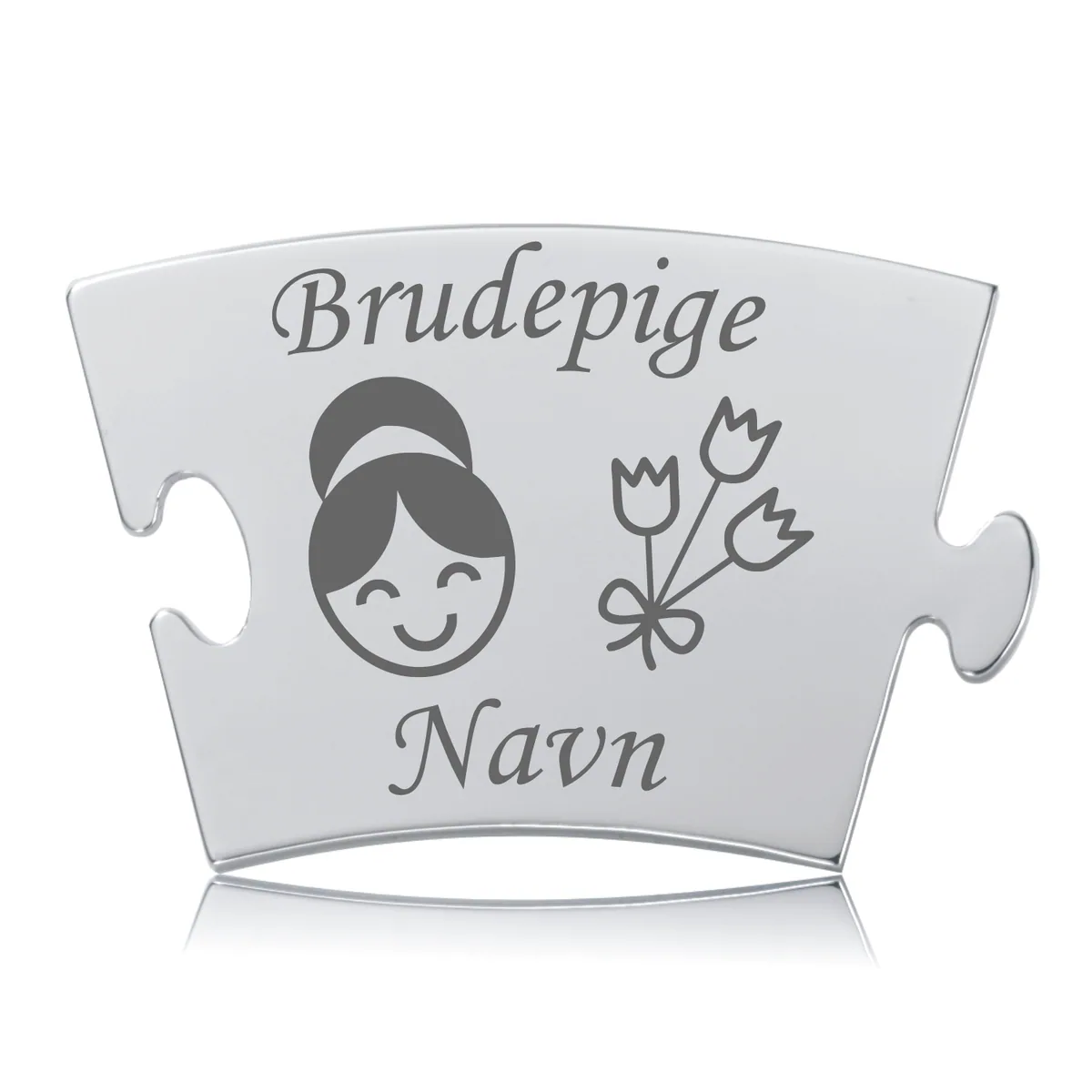Memozz Classic brik i rustfrit stål med lasergravering af "Brudepige" og et smile-ansigt med blomsterbuket.