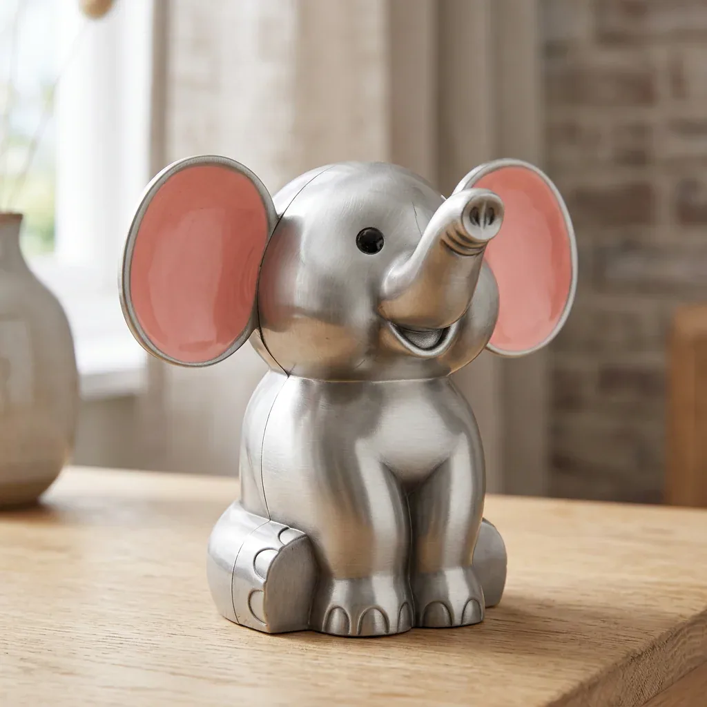 Elefant i fortinnet finish med pink ører placeret i et lyst skandinavisk hjem