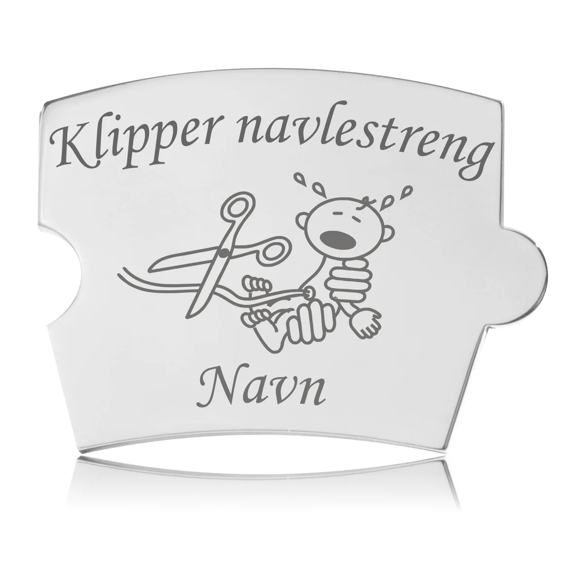 Memozz Spin brik i stål med gravering 'Klipper navlestreng' og en tegneseriefigur. Plads til personligt navn.