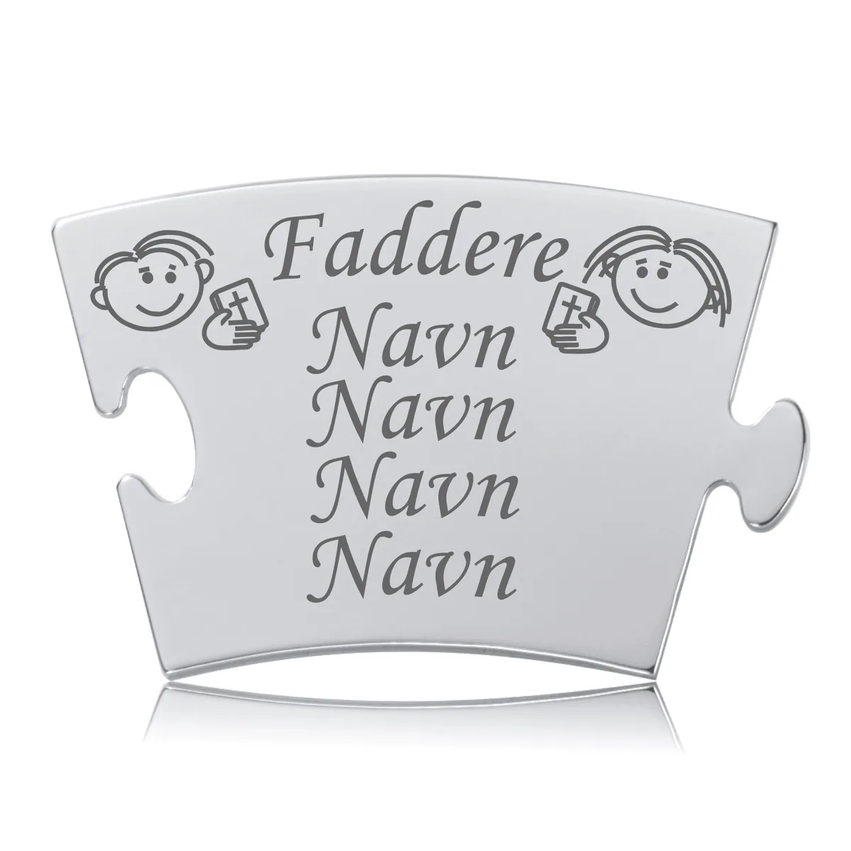 Faddere Memozz Classic brik i håndpoleret rustfrit stål med mørkegraverede navne og illustrationer af børn