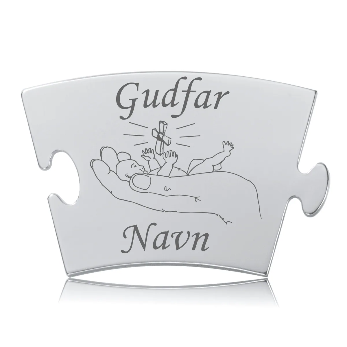 Memozz Classic brik "Gudfar - Model Hånd" i poleret rustfrit stål med mørk lasergravering. Viser en hånd der holder et spædbarn.
