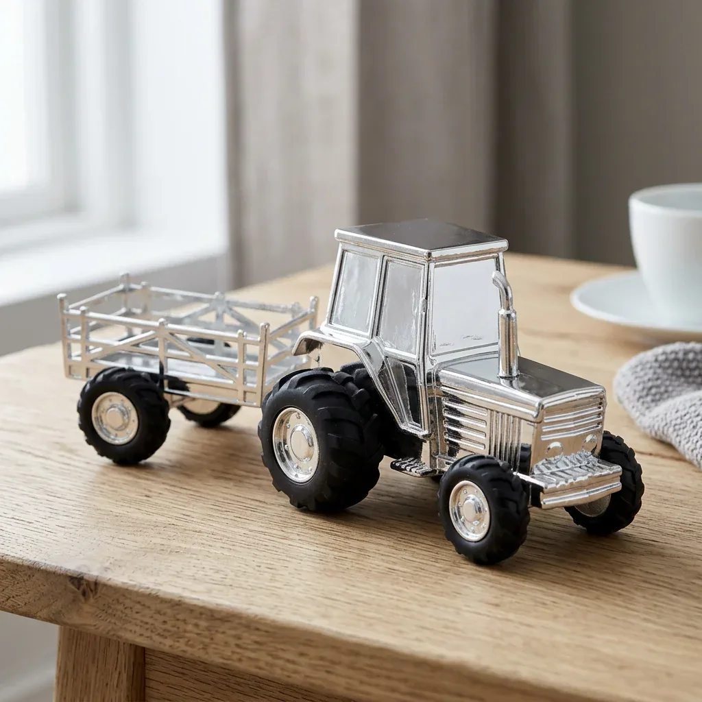 Traktor med vogn sparebøsse i forkromet finish i skandinavisk stue