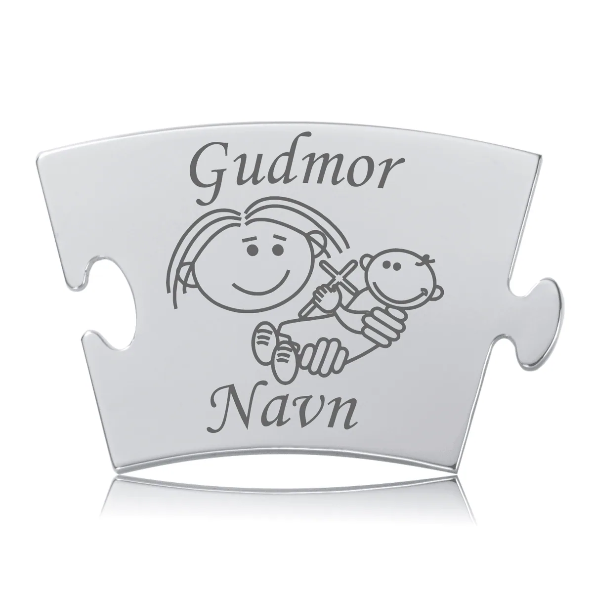 Memozz Classic "Gudmor - Model Puzle" brik i håndpoleret rustfri stål med lasergravering af en figur der holder et barn
